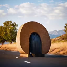 tire sitting on the side of the road with mountains in the background