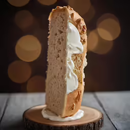a piece of cake on a wooden stand