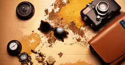 a bunch of accessories and a brown suitcase,an old brown suitcase, sunglasses and compasses on the floor
