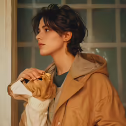 the woman in the brown jacket is holding a coat