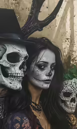 two people in skeleton masks, one with a black hat