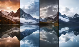 the four pictures are showing mountain range and water