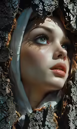 a woman with her head over her shoulders wearing clothes and eye makeup