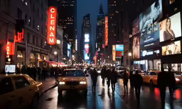 a crowded city street with cabs, taxis and traffic