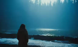 a woman standing on a beach near the ocean looking at trees
