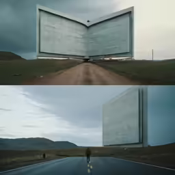 two images show the perspective of an open road that goes through another area