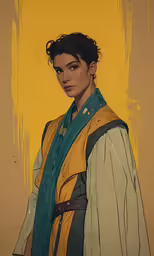 a painting of a person with a blue scarf on