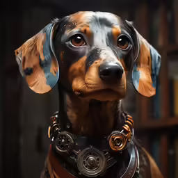 the dog has an unusual collar that looks like a leather harness