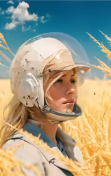a girl wearing a helmet that is standing in a field