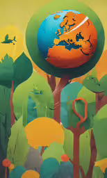 an image of a mural of a soccer ball in trees,a picture of an image of a colorful earth on trees