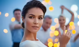 a woman pointing at the camera with a group of people behind her