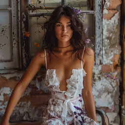 a woman with flowered hair sits in a chair,an image of a young woman posing for the camera