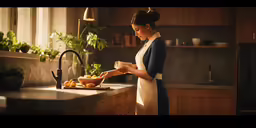 a woman in an apron cooking some food