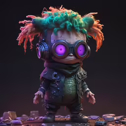 a character with green hair and glowing purple eyes