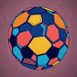 a large soccer ball is sitting on the table,a soccer ball that is painted in the middle of colorful tiles