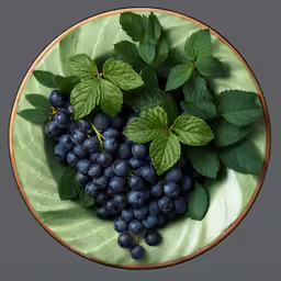 the plate is holding grapes and leaves on it