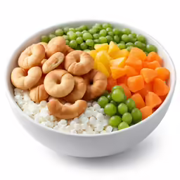 the bowl has peas, carrots, and other fruits in it