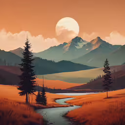 landscape of trees and mountains with river in the foreground,the sun setting on a mountain range near a stream