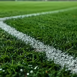 a close - up image of a green soccer field with lines painted in between the grass and the ball