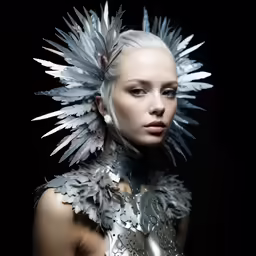 woman with large silver feathers on head
