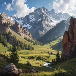 the valley of mountain scenery with flowers in bloom
