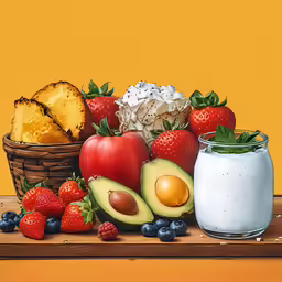 a painting of fresh fruit and yogurt next to a basket of pineapples