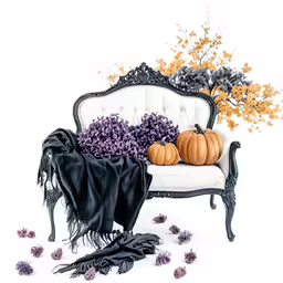 a painting of a couch with halloween decorations and an umbrella