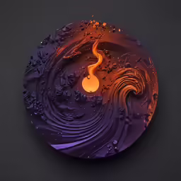 a purple circular artwork piece with a yellow and black swirl around it