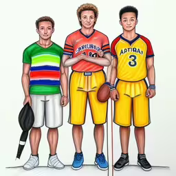 three men with different jerseys standing next to each other,an illustration of three boys with sports uniforms