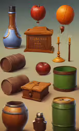 an artistic painting of an assortment of items,there are many items in the painting on the table
