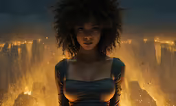 a woman in the midst of fire with an exploding head