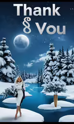 a photo of woman standing in the snow near a pond