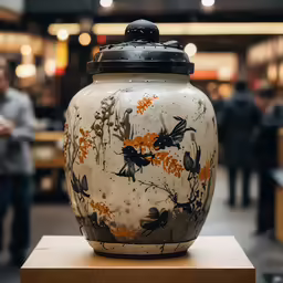 an asian style vase on display in the middle of a shopping mall