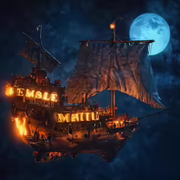 a computer generated image of a pirate ship floating in the air with a full moon behind it