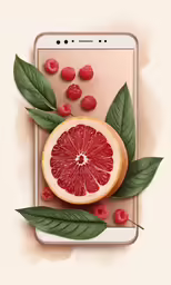 a red piece of fruit is sitting on top of a white phone