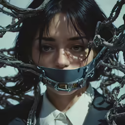 woman with gag collar around her mouth and face made up of branches