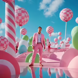 a man in a pink suit standing next to a lot of colorful balls
