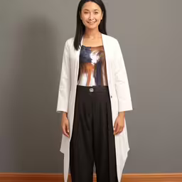 a woman wearing a white coat and black pants