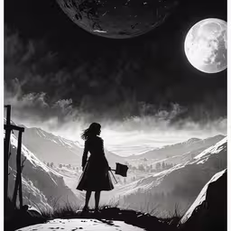 a black and white illustration of a person in a lonely country,a silhouetted girl looking at the sky and mountains