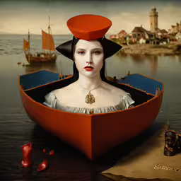 an art work shows a woman in a red hat,a woman is in a boat with two hats