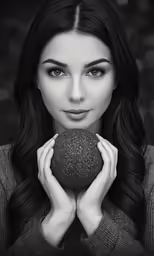 woman holding a sphere over her face