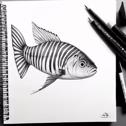 the fish is drawn with marker and the pen on a spiral notebook