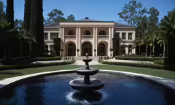 the house is surrounded by a fountain and lush landscaping