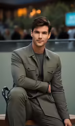 man wearing a suit sitting on a bench