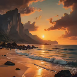 an island sunset on a tropical beach with white frothy waves