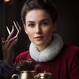 a beautiful woman holding a golden object near her face