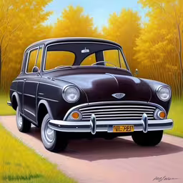 a painting of an old american car going down the road,a painting of an old car on the road