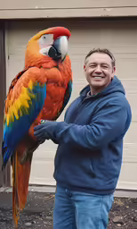 man in blue jacket and jeans holding up bird