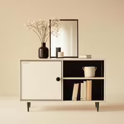 the sideboard is a white, black and beige cabinet