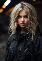 a beautiful woman with blonde hair wearing a black coat,a model wearing a black jacket and a white hair